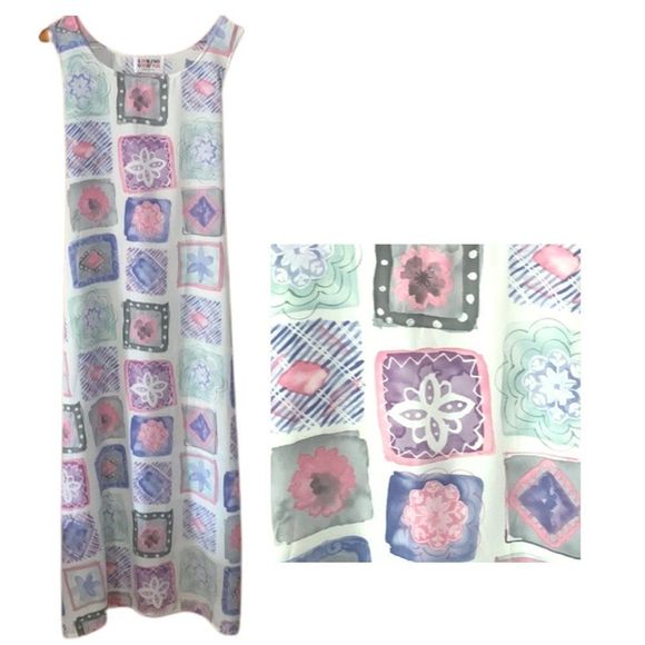 Vintage Dresses & Skirts - Vintage Slip Dress Tie Back Pastel Floral pink purple white Maxi made in USA M